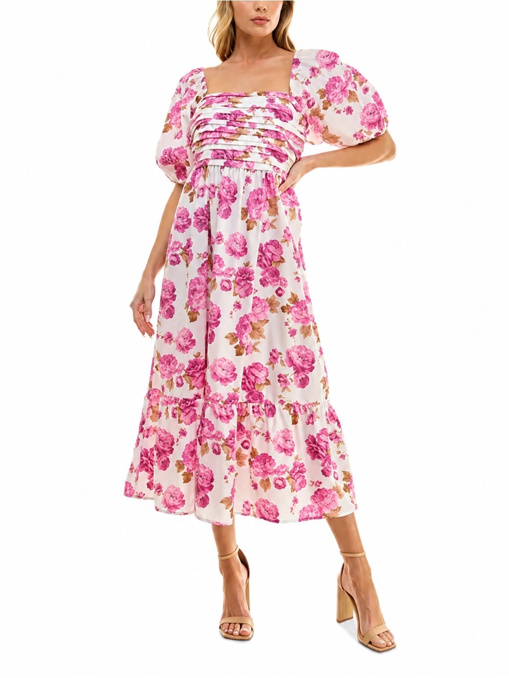 Crystal Doll White Midi Dress with Pink Floral Print